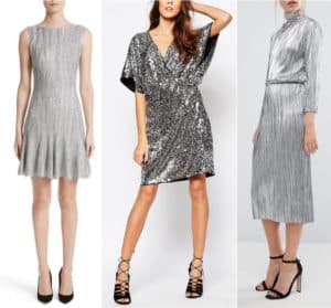 silver dress with silver shoes