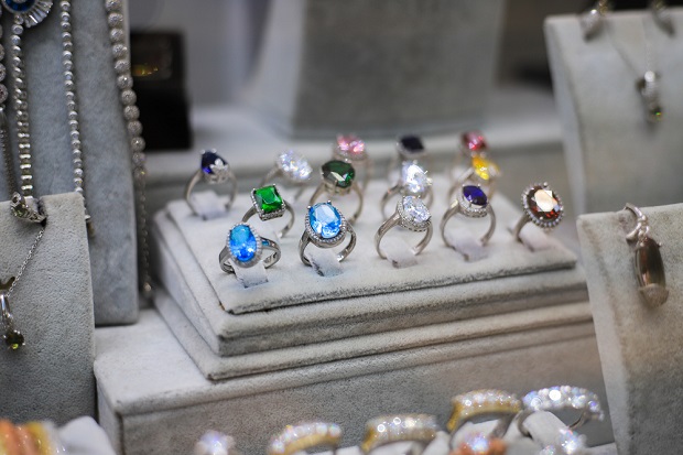 Jewelry diamond rings in luxury retail store